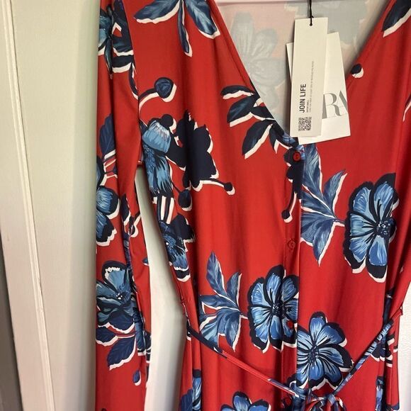 Zara Floral Buttons Down Long Sleeves Self Tie Midi Dress.Size S - Picture 13 of 16